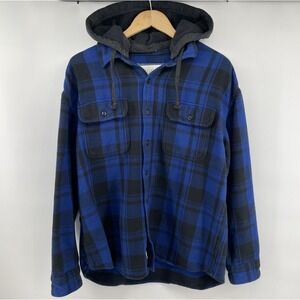 American Eagle Flannel Shirt Men L Blue Plaid Button Thick Shacket Y2K Hood